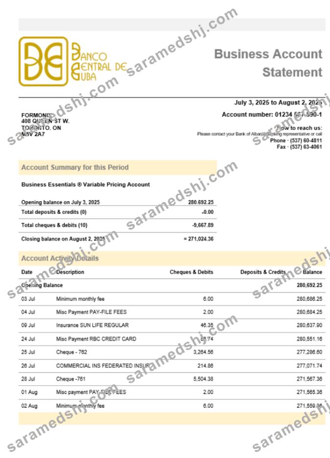 Banco Central de Cuban bank business firm account statement Word snd PDF format